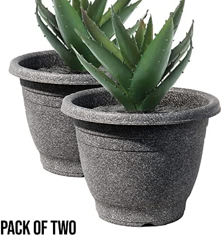 VR7 2 x Large Planter Round Plastic Garden Flower Plant Herb Pot Contemporary Design Style - Indoor and Outdoor (Black (Graphite), Pack of 2) (22.5cm) - Image 3