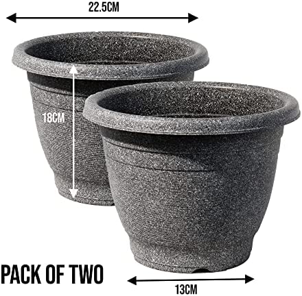 VR7 2 x Large Planter Round Plastic Garden Flower Plant Herb Pot Contemporary Design Style - Indoor and Outdoor (Black (Graphite), Pack of 2) (22.5cm) - Image 4