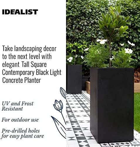 IDEALIST Large Flower Outdoor Garden Planter Floor Pot with Drainage Hole Contemporary Light Concrete Tall Square L27 W27 H60.5 cm Black, 44 ltrs. - Image 2