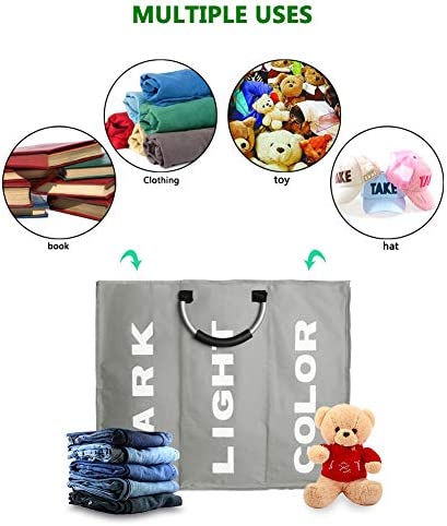 IHOMAGIC 3 Sections Large Laundry Hamper, Laundry Bag Collapsible, Foldable Washing Clothes Sorter, Storage Bag with Carry Handles, Dirty Clothes Bag for Bathroom Bedroom. L60*W32*H49cm (Light Grey) - Image 8