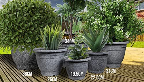 VR7 2 x Large Planter Round Plastic Garden Flower Plant Herb Pot Contemporary Design Style - Indoor and Outdoor (Black (Graphite), Pack of 2) (22.5cm) - Image 2
