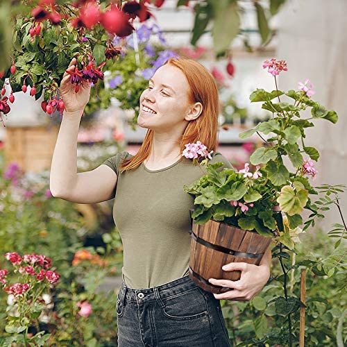 Yardwe Wooden Flower Pots Whiskey Barrel Planter Round Garden Flower Pot Large Plant Pot for Indoor Outdoor Home Garden Patio (Brown) 19x14x15cm - Image 2