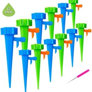 Automatic Watering Device Adjustable Plant Waterer Self Watering Spikes with Slow Release Control Valve Switch Bottle Drip Irrigation System for Garden Home Indoor Outdoor Mixed Color 12Pcs