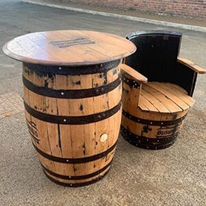 Cheeky Chicks Ltd Recycled Solid Oak Rustic Wooden Whisky Barrel Table and High Back Armchair Set with Custom Logo Indoor/Outdoor Home Garden Patio Furniture Set, Beige