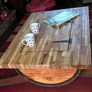 Cheeky Chicks Recycled Half Whisky Barrel Coffee Table with Solid Oak Table Top, Whisky Brand Logo and Storage Compartment