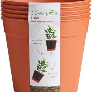 Clever Pots Easy Release Plastic Plant Pots, Pack of 5 Large Outdoor or Indoor Plant Pots for Healthy Root Growth, Lightweight & Weather Resistant Plant Pots Plastic for Flowers & Plants, Terracotta