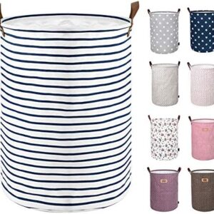 DOKEHOM 18-Inches Freestanding Laundry Basket with Lid, Collapsible Large Drawstring Clothes Hamper Storage with Leather Handle (Blue Stripe, M)