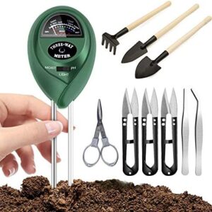 GLiving 9 Pcs Bonsai Tools with Soil Moisture Meter, 3-in-1 Moisture Sensor/Sunlight/Ph, Include Pruner, Folding Scissors, Mini Rake, Bud & Leaf Trimmer Set