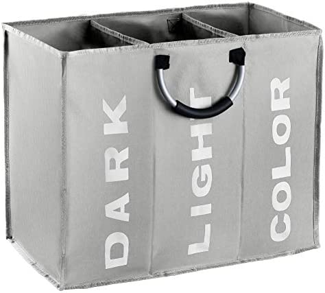 IHOMAGIC 3 Sections Large Laundry Hamper, Laundry Bag Collapsible, Foldable Washing Clothes Sorter, Storage Bag with Carry Handles, Dirty Clothes Bag for Bathroom Bedroom. L60*W32*H49cm (Light Grey)