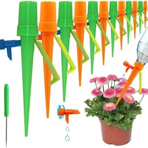 MQUPIN Plant Watering Devices, 12pcs Self Watering Spikes with Anti-Tilt Bracket, Automatic Watering Drip Irrigation System with Slow Release for Indoor Outdoor Plants (Orange)