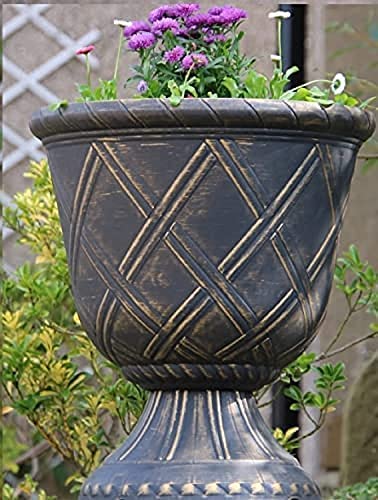 SG TRADERS Large Urn Plant Pot Stand, Flower Pots Outdoor Garden Planters, Indoor Plant Pot, Tall Planter with Drainage Holes, Strong Plastic, Black with Gold, D43 x H49cm