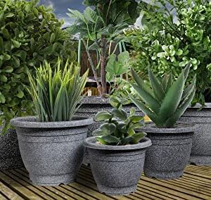 VR7 2 x Large Planter Round Plastic Garden Flower Plant Herb Pot Contemporary Design Style - Indoor and Outdoor (Black (Graphite), Pack of 2) (22.5cm)