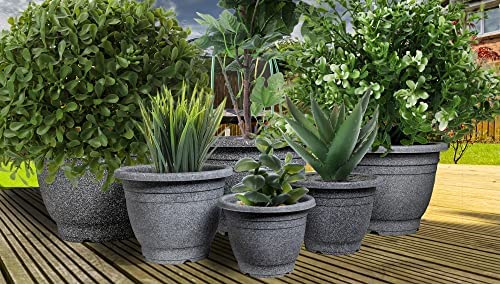 VR7 2 x Large Planter Round Plastic Garden Flower Plant Herb Pot Contemporary Design Style - Indoor and Outdoor (Black (Graphite), Pack of 2) (22.5cm)