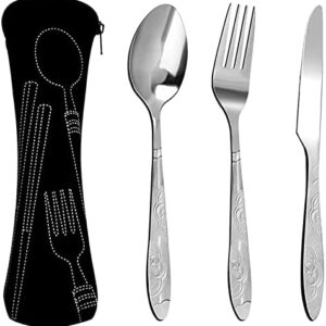 3PCS Camping Cutlery Set, Silverware Travel Cutlery Set Stainless Steel Toddler Cultery with Portable Organizer Bag for Picnic School Knife Fork Spoon