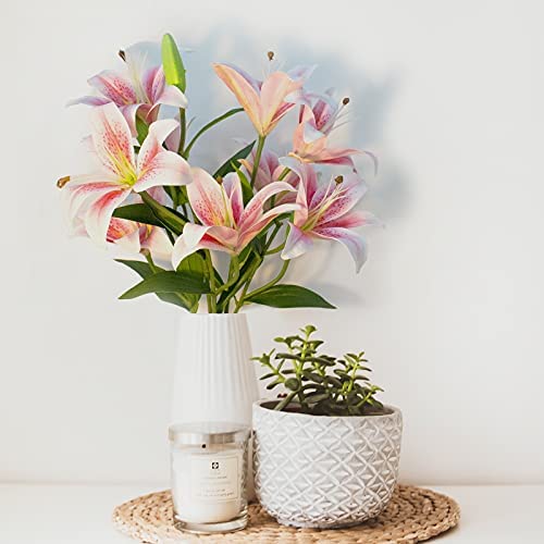 SNAILGARDEN 12 Heads Artifical Lily Flowers, Long Stem Artificial Lilies with 9 Heads Full Bloom Lily & 3 Lily Buds-Faux Tiger Lily Bouquets for Home Hotel Flower Arrangement Party Decor(Pink White) - Image 3