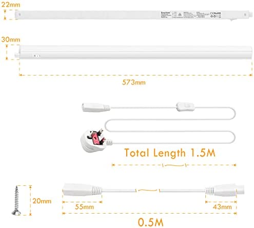 Connectible Hardwired 2X 9W LED Kitchen Under Cabinet Lights, Under Cupboard Light Fixtures, 4000K Neutral White Lighting, Lamp Length 573MM with British Power Plug, Pack of 2 Lamps by ENUOTEK - Image 5