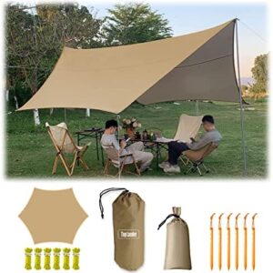 4.5X4.5m Large Camping Tarp Tent Ultralight Waterproof Hammock Rain Fly Mutifunctional Hexagon Tarpaulin Shelter for Bushcraft Picnic Backpacking Outdoor Survival(beige )