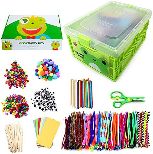 JazLax Arts and Crafts For Kids, Kids Crafty Box with Storage Box, 1150+ Pcs, Googly Eyes, Pom Poms, Sticks, Pipe Cleaners, Colourful Paper Glitter Glue, and More, Aged 3+