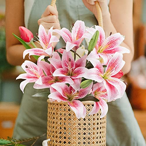 SNAILGARDEN 12 Heads Artifical Lily Flowers, Long Stem Artificial Lilies with 9 Heads Full Bloom Lily & 3 Lily Buds-Faux Tiger Lily Bouquets for Home Hotel Flower Arrangement Party Decor(Pink White) - Image 5
