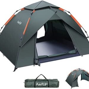 Amflip Camping Tent Automatic 3 Man Person Instant Tent Pop Up Ultralight Dome Tent 4 Seasons Waterproof & Windproof Camping Tent with Removable Outer Tarpaulin, Double Layers (L)