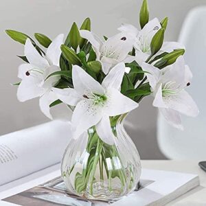 Artificial flowers, 5pcs Artificial Lillies with 4 Buds, Plants Flowers Arts ，Full Bloom Artificial Latex Real Touch Flowers for Home Decor, Wedding, Parties, Offices, Restaurants（white）