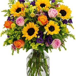 Fresh Flower Bouquet - The Verve - Large Arrangement of Sunflowers, Roses, Lisianthus, Alstromeria, Waxflower, Solidago and Craspedia
