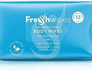 FreshWipes Body Wipes Antibacterial Biodegradable Wipes – Chlorhexidine Washing Wipe- Large Bed Bath Wipes, No Rinse, Coconut Scent - Anti Odour - Shower Wipes 12 Pack