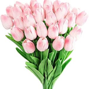 Kisflower 30Pcs Artificial Tulip Flowers Fake Tulips Bouquet Real Touch Flowers for Decor (Pink)