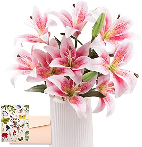SNAILGARDEN 12 Heads Artifical Lily Flowers, Long Stem Artificial Lilies with 9 Heads Full Bloom Lily & 3 Lily Buds-Faux Tiger Lily Bouquets for Home Hotel Flower Arrangement Party Decor(Pink White)