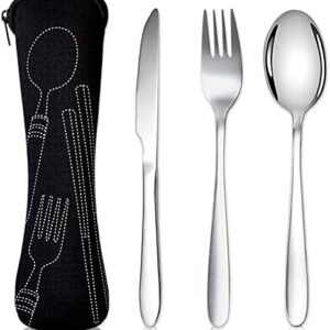 Acehome Cutlery Set with Portable Pouch Case, Stainless Steel Flatware Camping Utensil Set with Neoprene Bag for Outdoor Travel Picnic Office School Lunch Box (3 Pcs Black)