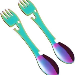 2 Pack Multifunctional Camping Spork, 5 in 1 Spoon Fork Knife Combo Stainless Steel, Durable Portable Outdoor Spork Multitool with Bottle Opener for Picnic, Travel, Hiking (Colorful)