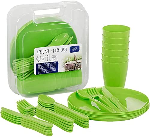 31 Piece Camping Picnic Plastic Utensils BBQ Set with Knives Forks Spoons Cups & Plates (Green)
