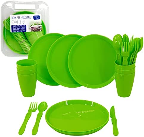 31 Piece Camping Picnic Plastic Utensils BBQ Set with Knives Forks Spoons Cups & Plates (Green) - Image 2