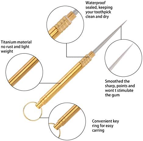 2 Pieces Portable Titanium Toothpicks, Metal Toothpick Reusable Toothpick with Protective Holder Key Ring Fruit Stick Stainless Steel Toothpicks for Outdoor Picnic and Camping (Brass) - Image 3