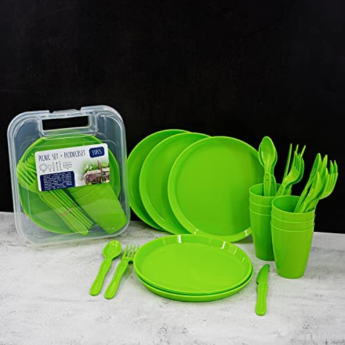 31 Piece Camping Picnic Plastic Utensils BBQ Set with Knives Forks Spoons Cups & Plates (Green) - Image 4