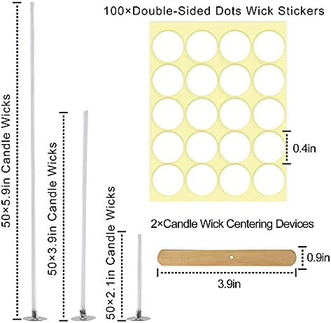 Candle Wicks, 150 pcs Pre Waxed Wicks with 2 pcs Wick Centering Devices and 100 pcs Candle Wick Stickers for DIY Candles Craft Tools Candle Making Kit (55 mm, 100 mm and 150 mm) - Image 2