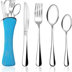 4Pcs Camping Cutlery, Stainless Steel Travel Cutlery Set with Organizer Bag Flatware Utensil Kit Portable Silverware Tableware with Blue Neoprene Storage Bag for Outdoor Picnic School Lunch Box