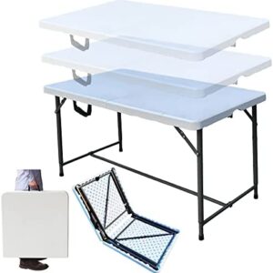4ft Folding Table w/3 Adjustable Heights Plastic Foldable for Camping Picnic Garden Catering Party Dining BBQ Fair Stall Home Office w/Carry Handle Indoor & Outdoor
