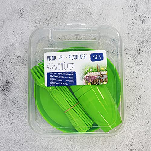 31 Piece Camping Picnic Plastic Utensils BBQ Set with Knives Forks Spoons Cups & Plates (Green) - Image 3