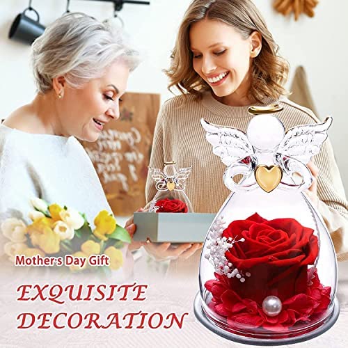 Ancokig Preserved Flowers Mothers Day Birthday Gifts for Mum Grandma Women, Angel Figurines with Real White Rose Thank You Gift, Wedding Anniversary Decor Gifts (red) - Image 8