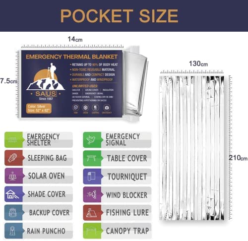 SAUS Emergency Blankets, Foil Space Thermal Blanket for Outdoor Sport, Camping, Mylar Survival Equipment First Aid Bag Kit - Image 2
