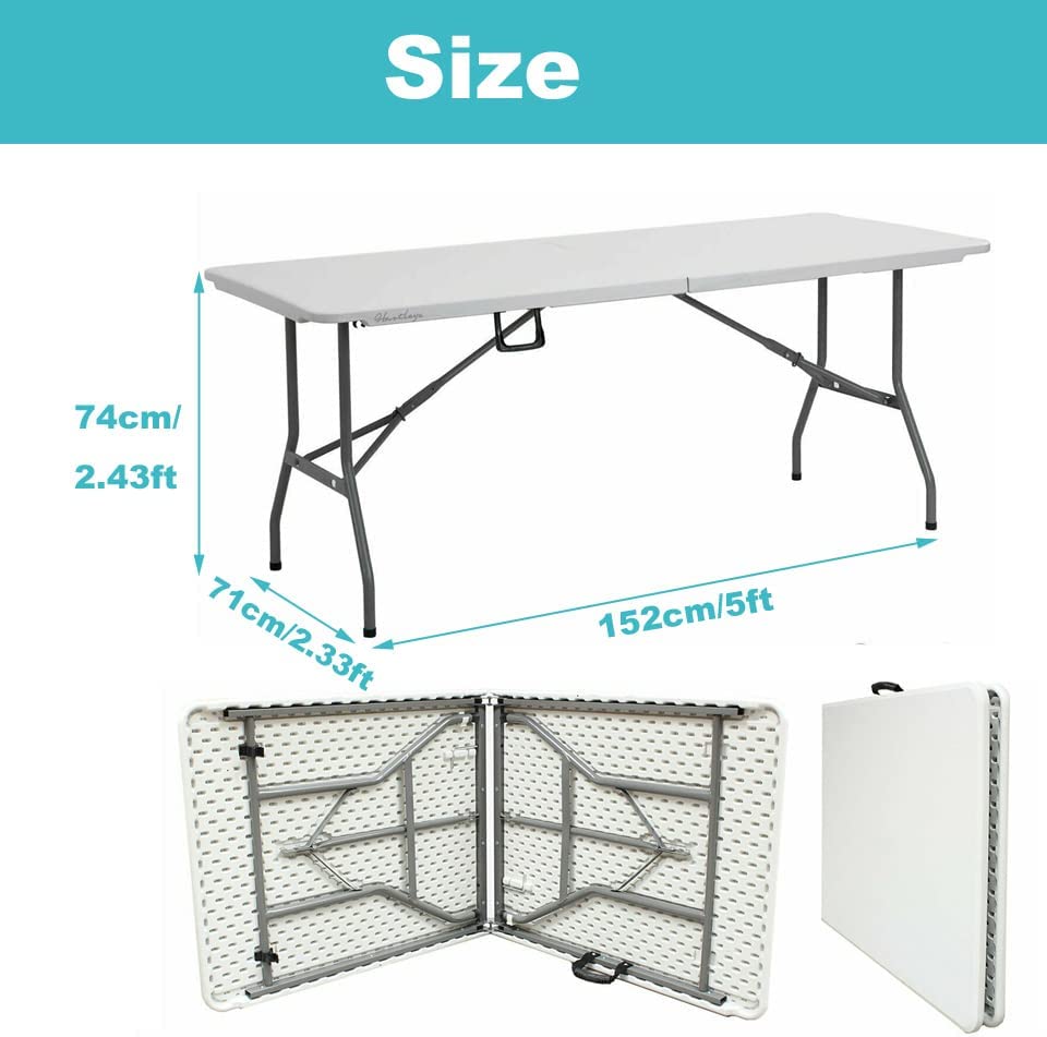 5FT Steel Folding Table, Portable Camping Table with Carry Handle, Foldable Picnic Table, Laptop Table Adjustable Height for Sofa Bed Couch Floor, 152x71x74cm - Image 2