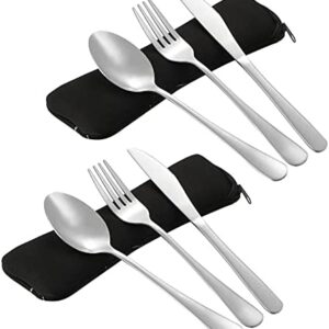 AMOLEY 2 Person Camping Cutlery, Stainless Steel Cutlery Set with Bag, 6-piece Camping Set with Bag for Outdoor Travel Picnic Office School Lunch Box(Black)
