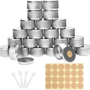 Belle Vous Silver Metal Candle Making Tins with Stickers and Spatulas (24 Pack) - 230ml / 8oz Containers - Round Storage Tin Jars for Arts & Crafts - Cans for Storage