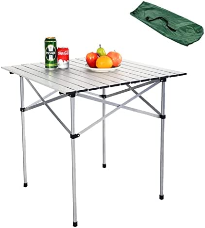CASART Portable Folding Table with Carry Bag, Anti-slip Feet, Lightweight Aluminum Roll Up Table for Indoor and Outdoor Camping, Hiking, Picnic, Party, Travel (70 x 70 x 70cm, Sliver)