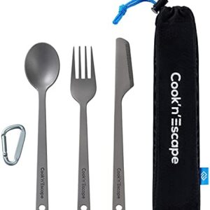 COOK'N'ESCAPE Camping Cutlery Set Titanium Spork Knife Spoon Chopstick with Carabiner Pouch Outdoor Picnic Travel Backpacking Home Lightweight Utensils 3 Pcs