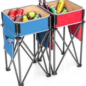 COSTWAY 2 PCS Folding Camping Tables, Portable Fabric Picnic Tables with Large Storage Sink, Side Pockets, Carry Bag & Anti-skid Feet, Outdoor Ice Bucket Tables for Hiking Fishing Beach (Blue+Red)
