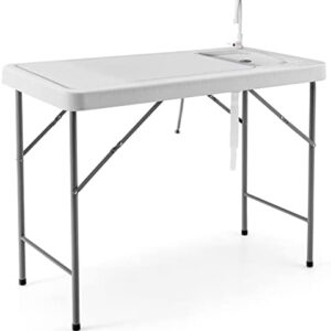 COSTWAY Folding Camping Sink Table, Fish Cleaning Cutting Station with 360°Rotatable Faucet, Scale Design, Groove and Strainer Drainage Hole, Portable Fishing Picnic Tables, 150kg Load Capacity