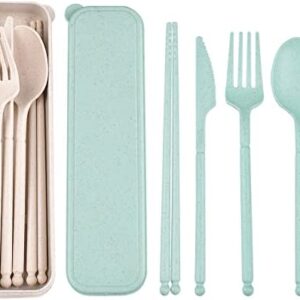 Camping Cutlery Set, 2 Sets Reusable Cutlery Set, Portable Cutlery Set Plastic Cutlery Knife, Fork, Spoon, Chopsticks for School Office Travel Picnic Camping Use (Green+Beige)