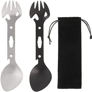 Camping Spork 2PCS, Stainless Steel Fork, Knife, Spoon, Bottle Opener, Tin Opener 8 in 1 Functional Utensil with Cloth Case for Outdoor Hiking Camping Cutlery